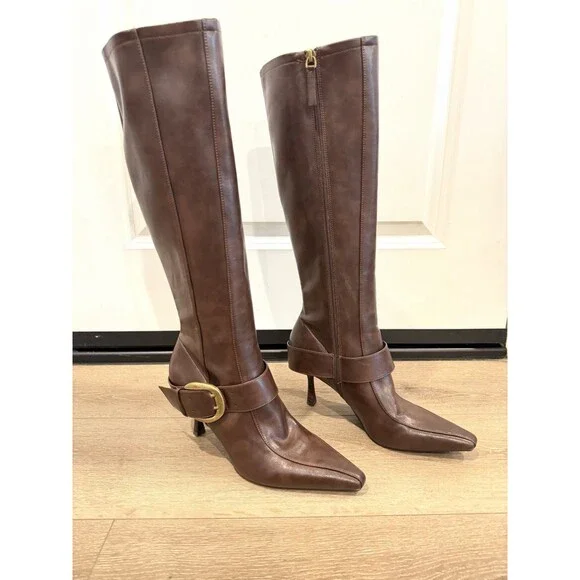 Zara Burgundy High-Heel Buckle Boots Pointed Toe Size US 9 EUR 40 Preowned - Picture 3 of 16